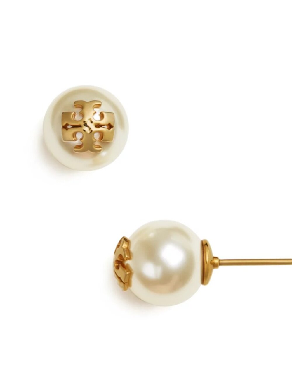 Tory Burch Pearl Logo Stud Earrings Gold Tone Classic Designer Jewelry